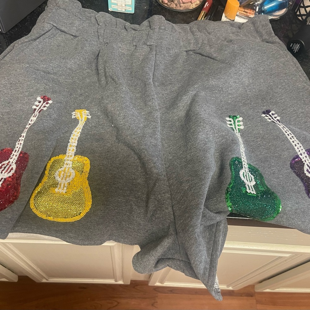 QUEEN OF SPARKLES Gray Shorts with Colorful Guitar Embellishments